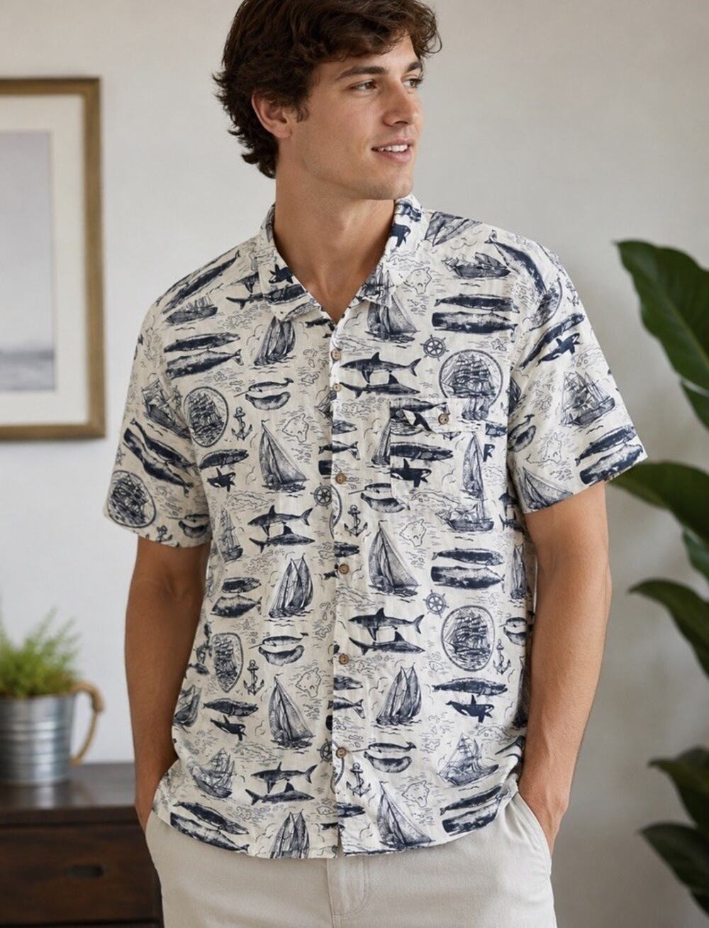 H&M LOGG Regular Button Up Shirt Size L Blue Coastal Nautical Fisherman Gorpcore
